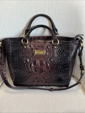 Brahmin Espresso Croc-Embossed Leather Satchel with Gold Hardware